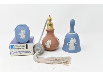 Wedgwood Pink Jasperware Perfume Bottle With Atomizer, Bell And Trinket Box