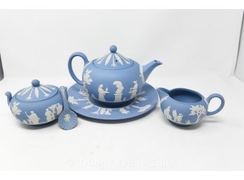 Wedgwood Jasperware Teapot With Underplate, Sugar With Spoon, And Creamer