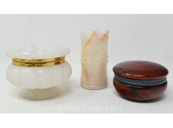 Two Italian Alabaster Trinket Boxes And Bud Vase