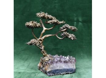 Bronze Sculpture Of Tree On Raw Amethyst Crystals