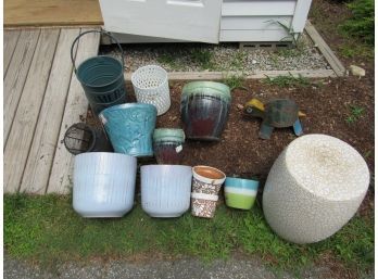 Assorted Ceramic Planters, Garden Stool And Turtle Sculpture