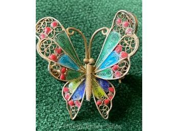 Enameled 800 Silver Fillagree Butterfly Brooch