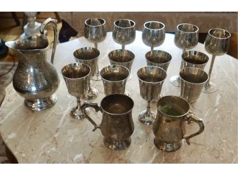 Lot Of Silverplate -16 -pcs- Pitcher, Chalices & Wine Glasses (Made In India)