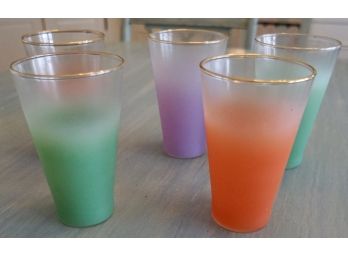 5 Mid Century Colored Frosted Beer Glasses