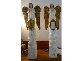 Pair Of Carved Wood Angels W/ Handblown Ornaments Hanging Around There Neck 22'T
