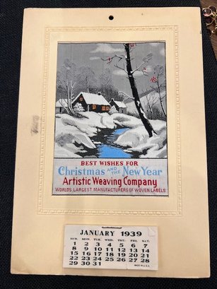 Season's Greetings 1939 Calendar Woven Label Manufacturing  Winter Scene