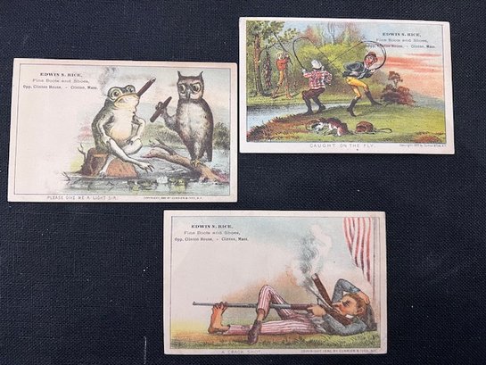 3 Exceptional Currier And Ives Cards For Edwin Rice, Shoes, Clinton, Mass