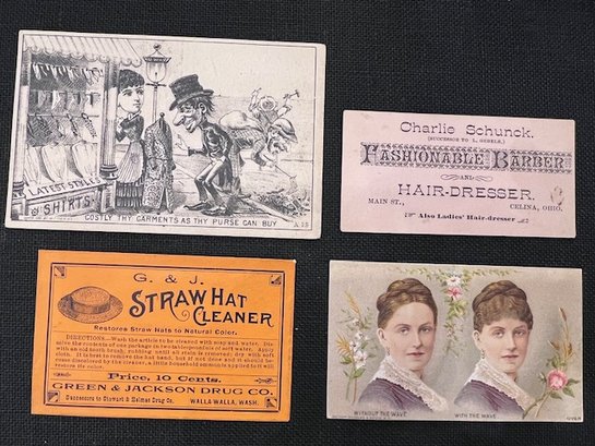 4 EXCEPTIONAL ANTIQUE CARDS Mrs C Thompson Hair Waves And Straw Hat Cleaner, ETC  ~ 4 Antique Business Cards