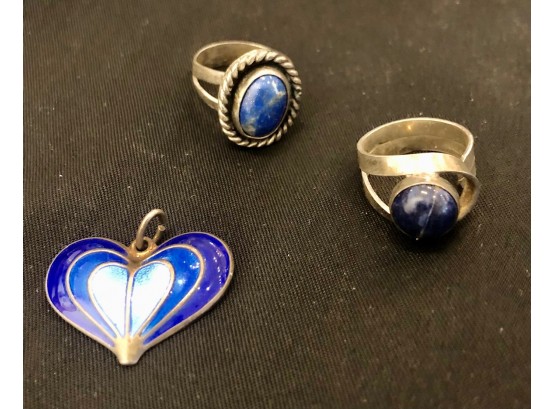 David Anderson Enamel And Sterling Heart, 2 Sterling And Lapis Rings