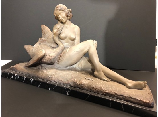 Leda And The Swan Signed Sculpture On Marble Base