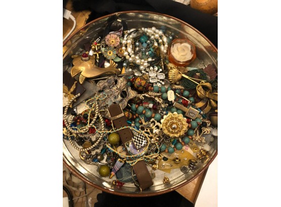 Large Lot Costume Jewelry, Bakelite, Buttons, Garrison Fish Pin, Vintage Tin