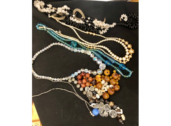 5 Vintage Necklaces Crystal, Pearl, Loose Beads,  Steel Cut Beads Etc