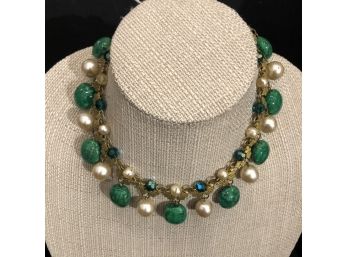 Vintage  Beaded Faux Pearl, Green Bead Gold Tone Woven Necklace
