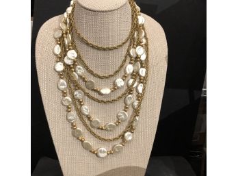 Vintage Faux Pearl And Gold Tone Long Necklace