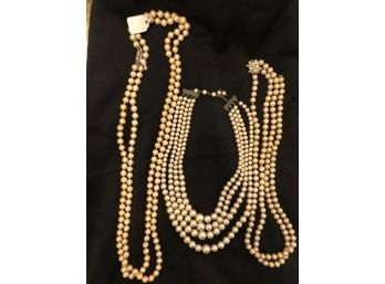 Les Bernard Faux Champagne Pearls, Opera Length, 4 Strand Graduated Faux And Double With Clasp