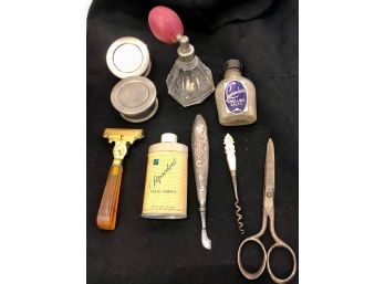 Vintage Toiletries, Atomizer, Schick Razor, Pepsodent, Lavender Smelling Salts, Tin Drinking Cups