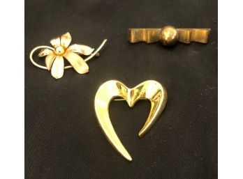 Heart, Flower And MCM Brooches Gold Tone