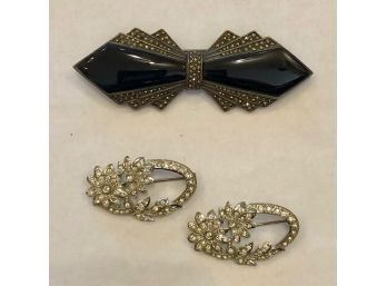 Sterling Silver Marcasite And Onyx Pin And 2 MCM Crystal Floral Brooch Set