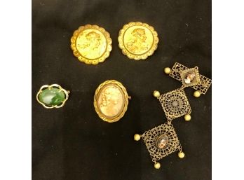 5 Pins, Costume Jewelry, Jade Like, Victorian, Cameo , Vintage