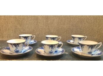 Set Of 6 Asian Motif Blue And Gold Tea Cup Set