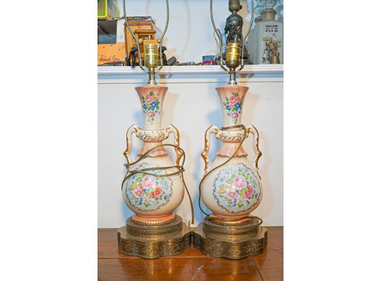 Pair Of Vintage Lamps Floral Design MCM