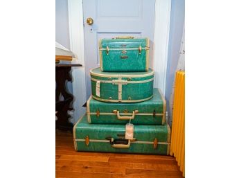 SPECTACULAR RARE 4 Piece Set Samsonite Schwayder Green Marble Vintage Luggage Set