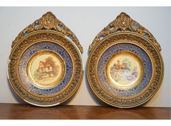 Set Of 2 Vintage Plates In Original Frames Edward Knowles 22 Kt Warranted Gold