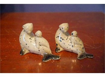 Pair Of Porcelain Spotted Seals With Baby Signed