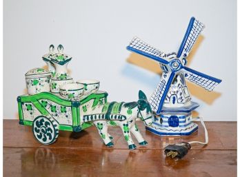 2 Vintage Ceramic Pieces, One Italian Tea Set, One Delft  Windmill Lights Up