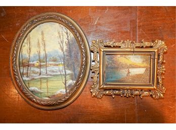 2 Vintage Paintings, One Oval 8 X 10 Landscape , One Horizontal  5 X 7 Seascape