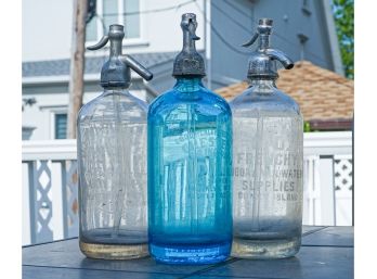 3 Vintage Seltzer Bottles 2 Clear One Turquoise