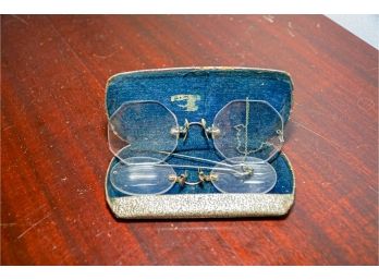 Pair Of Antique Pince-Nez Eye Glasses With Original Case One With Chain And Hairpin