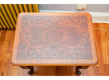 Vintage Flaming Burlwood Mixed Wood Table With Carving