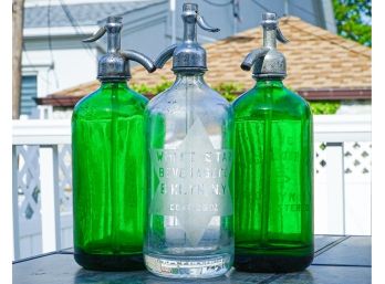 3 Vintage Seltzer Bottles Emerald And Clear