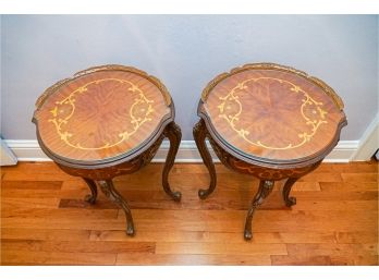 Pair Of Vintage Inlaid And Carved  Italian Side Tables With Glass Tops