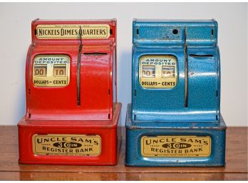 Vintage Uncle Sam's  Coin Register Banks Set Of 2 ~ Blue And Red