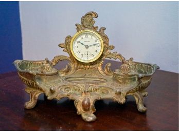 French Antique  Gilt Bronze Clock With Ink Wells