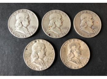 Benjamin Franklin Silver Half Dollars 1952, 54, 57, 62 And 63