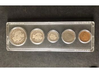 5 Piece  Coin Set  1909 Half Dollar And Quarter, 1910 Dime 1902 Nickel 1902 Indian Head Penny