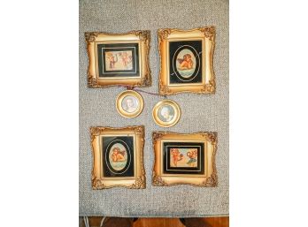 Set Of 4 Cherubs And Pair Of Gilt Framed Portraits