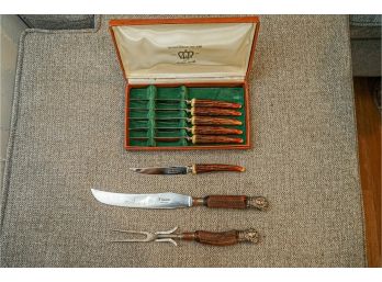 Sheffield, England, Set Of 5 Steak Knives Horn Handle And  Carving Set