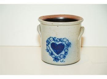 Salmon Falls Vintage Stoneware Vessel With Handles  Blue Heart