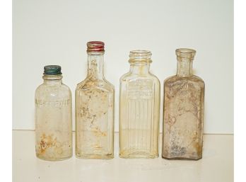 Group Of 4 Antique Bottles One Listerine, 2 With Caps