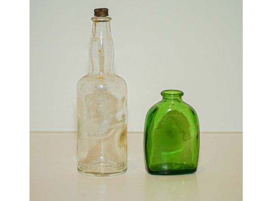 2 Hand Blown Antique Bottles Green And Clear