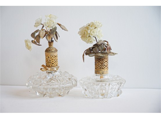 STUNNING Crystal Perfume Bottles With Floral Beaded Tops!