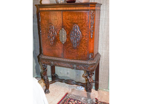 Antique European Cabinet Inlaid Wood Carved Legs, Great Liquor Cabinet!