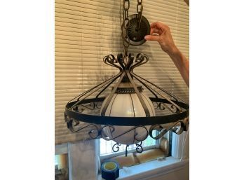 MCM Black Wrought Iron Chandelier With Mint Globe!
