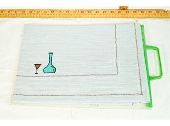 Mid Century Linen Small Table Cloth With Martini And Decanter Embroidered