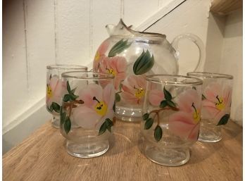 Mid Century Hand Painted Pitcher And 4 Glasses