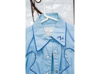 Stunning Vintage Cowboy Shirt Light Blue With Blue Piping Mother Of Pearl Buttons!
